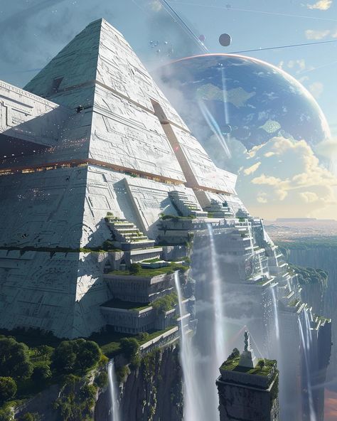 A futuristic civilisation inspired by ancient pyramids. #ancientarchitecture #ancient #ancientcity #pyramids #pyramid #scifiworld #scifi #futurecity #futurecities #future #epicfantasy #digitalart #midjourney #ai Clark Smallville, Ancient Atlantis, Contrast Art, Sci Fi Architecture, Fantasy Star, Ancient Pyramids, Space Ship Concept Art, Future Farms, Architecture Drawing Art