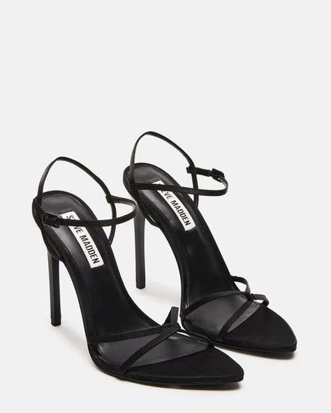 Black Strappy Stilettos, Steve Madden Satin Heels, Black Hoco Heels, Black Wedding Heels, Hoco Heels, Black Heel Sandals, Simple Heels, Steve Madden Black Heels, Black Heeled Sandals