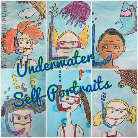 2nd Grade Underwater Self-Portraits (2015) Painting Lesson Plans, Summer School Art, Grade 2 Art, Second Grade Art, Third Grade Art, First Grade Art, Summer Art Projects, Ocean Unit, 2nd Grade Art