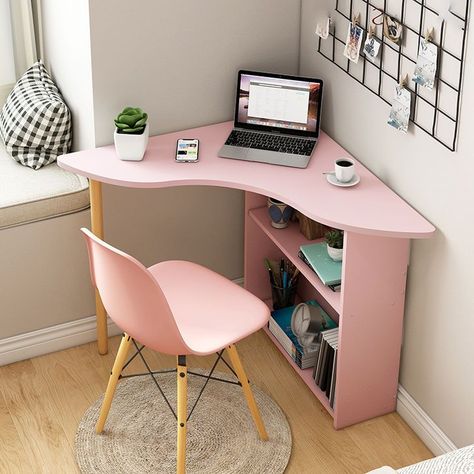 Corner Office Desk, Solid Wood Office Desk, Wooden Writing Desk, Desk Simple, Desk Corner, Home Corner, Corner Desk Office, Pink Desk, Pink Bedroom Decor