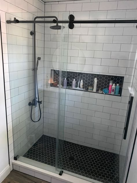 Tile Inserts In Showers, Bathroom Walking Shower Ideas, Small Shower Niche Ideas, Small Space Master Bath, 4x4 Walk In Shower Ideas, Shower With Wall No Door, 4x5 Shower Ideas, Standup Shower Remodel, Bathroom Ideas White Tiles