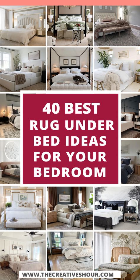 Infuse your master bedroom or any sleeping sanctuary with under bed rug ideas that amplify both comfort and style. Whether it's a standalone bedroom, one with carpet, or even a small room, a rug under the bed offers an inviting touch. Embrace creativity by placing it in a corner or transforming your space into a cozy haven. Regardless of your design preferences, these ideas redefine your bedroom with underfoot elegance, adding a touch of luxury and warmth to your personal oasis. Area Rug Under King Size Bed, Bed Rug Ideas, Rugs In Bedroom How To Place, Rug Under King Size Bed, Under Bed Ideas, College Picture Ideas, Rug Under Queen Bed, Bed Rug Placement, Under Bed Rug