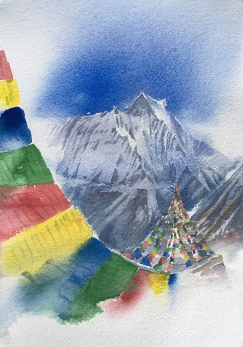 Fishtail mountain. Annapurna Base Camp. Nepal. Prayer Flags. Watercolour by Graham Whitney Nepal Art, Annapurna Base Camp, Nepal Travel, Prayer Flags, Acrylic Pouring Art, Landscape Art Painting, Watercolor Flower Art, Watercolor Art Lessons, Base Camp