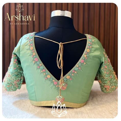 This green pastel hue colored blouse crafted by @blousesbyarshavi is extremely pretty with an intricate handwork done #zardozi and #kaddana embroidery using #reshamthread and #zari .💚 📲: 89513 63530 #arshavibyshraddha #blousesbyarshavi #bangloredesigner #customisedblouses #wedmegood #fashionstyle #handembroidery #aariwork #maggamwork #karagiri #silk #designerblouses #bridal #hyderabad #bangalore #bangalorebrides #wedmegoodsouth #southindianbride #womeninbusiness #goviral Pastel Silk Saree Blouse Designs, Pastel Color Blouse Designs, Light Green Aari Work Blouse, V Neck Maggam Work Blouses, Pastel Green Blouse Designs, Light Green Blouse Designs, Latest Fashion Blouse Designs, Aari Blouses, Green Blouse Designs