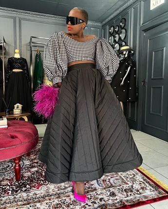 Exaggerated Puff Sleeves, Black And White Traditional Attire, Stylish Skirts Classy, Unveiling Outfit Ideas, Flare Skirt Outfit Classy, Flare Skirt And Top, Flared Skirt Outfit, Black And White Skirt Outfit, Blacktie Dress