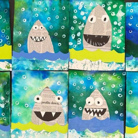 Natalie Hebert on Instagram: "First grade sharks! #UnderTheSea" Water Art Projects, Ocean Art Projects For Preschool, Teacher Art Ideas, Kindergarten Summer Art Projects, Spring Art Craft, Ocean Art For Kids, Summer Kids Art, Shark Art For Kids, Ocean Art Kindergarten