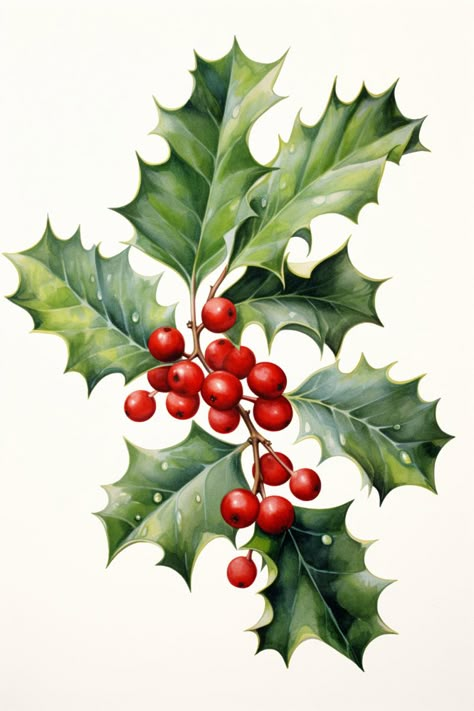 Watercolour holly Holly Clipart, Christmas Plants, Christmas Puzzle, Watercolor Christmas Cards, Christmas Flowers, Holly Berries, Christmas Drawing, Holly Leaf, Christmas Holly