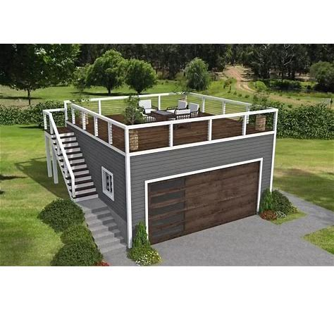 529 Square Foot 2-Car Detached Garage with Rooftop Deck at Architectural Designs - Search Shopping Garage Deck Ideas, Deck On Garage Roof, Garage With Terrace On Top, Shed With Rooftop Deck, Deck Above Garage, Detached Garage With Rooftop Deck, Garage With Balcony On Top, Garage With Rooftop Deck, Garage Deck Rooftop