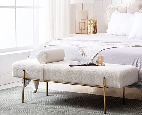 Amazon.com: Guyou 55" White End of Bed Bench, Modern Faux Fur Upholstered Ottoman Bench Seat with Gold Legs, Fuzzy Long Bench for Bedroom Living Room Foyer Indoor Entryway (White) : Home & Kitchen Leather Bedroom, Long Bench, Bed End, End Of Bed Bench, Leather Bench, Bed Bench, Bedroom Bench, Ottoman Bed, Gold Legs