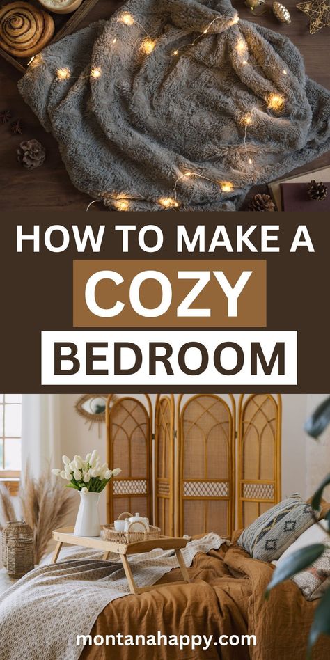 Top blanket with fairy lights and bottom picture is cozy bed with food tray Cozy Beautiful Bedrooms, How To Make A Big Bedroom Cozy, Bedroom Makeover Ideas Cozy, Sleepy Bedroom Ideas, How To Have A Cozy Bedroom, Master Bedrooms Decor Cozy Boho, Cozy Bedroom Aesthetic For Couples, Things To Make Room Cozy, Ideas For Cozy Bedroom