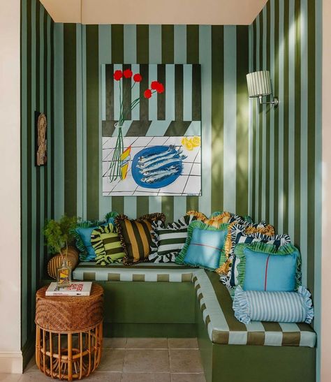 Bold Curtains, Striped Walls, Striped Wallpaper, Upholstered Headboard, Wallpaper Samples, Banquette, Interior Inspo, Of Wallpaper, Green Stripes