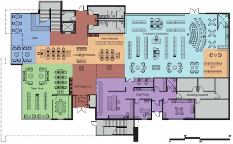 Small Private Library Floor Plan | The second floor hosts the Adult Collection and the large, community ... Public Library Architecture, Library Design Home, Library Floor Plan, Public Library Design, Library Plan, Store Plan, Library Cafe, Office Floor Plan, Interior Design Plan