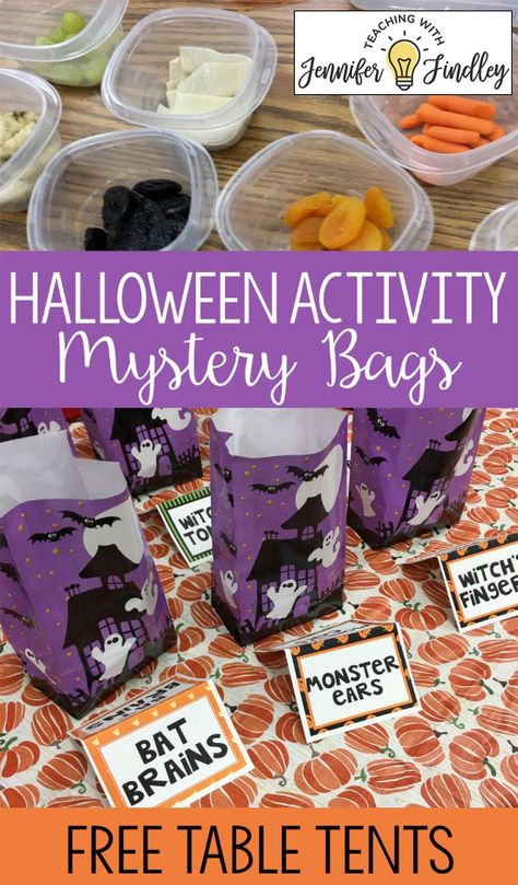 Halloween Activity | Halloween Party Idea for the Classroom Halloween Feel Box Ideas For Adults, Halloween Senses Badge, Halloween Senses Activity, Brownie Senses Badge Halloween, Halloween Party Mystery Box Game, Halloween Mystery Bags, Halloween Guessing Game Jars, Halloween Guess Whats In The Box Game, Halloween Mystery Touch And Feel Game