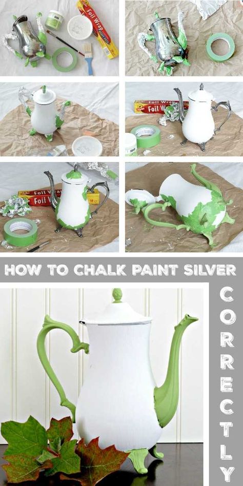 Chalk paint silver with this easy tutorial! Yes, you CAN use chalk paint on silver with this easy DIY project. #chalkpaint #chalkpaintsilver #howtochalkpaint #squirrelsofafeather Chalk Paint Metal, Chalk Paint Tutorial, How To Chalk Paint, Thrift Store Flips, Diy Thrift Store Crafts, Upcycled Decor, Thrifted Decor, Painted Teapot, Thrift Store Diy