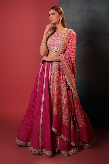 Buy Pink Pure Georgette Embroidery Gota Round Neck Placement Lehenga Set For Women by Bandhani Online at Aza Fashions. Pink Dupatta For Lehenga, Gotapatti Work Lehenga, Crush Lehenga Design, Gota Patti Blouse Design, Bandhani Dupatta Outfit, Bandhani Dupatta Dress, Bandhani Saree Look, Gotapatti Lehenga, Gota Patti Blouse