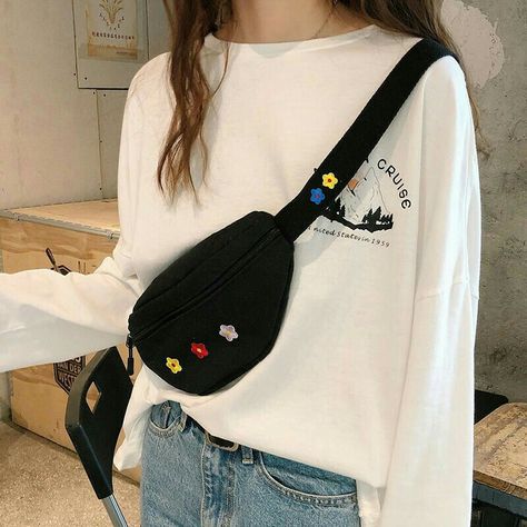 Sling Bags For Girls Fashion, Sling Bag Aesthetic, Korean Bags, 2023 Crochet, Shoulder Bag Outfit, Clothing Korean, Crocheted Bags, Bags Online Shopping, Embroidered Belt