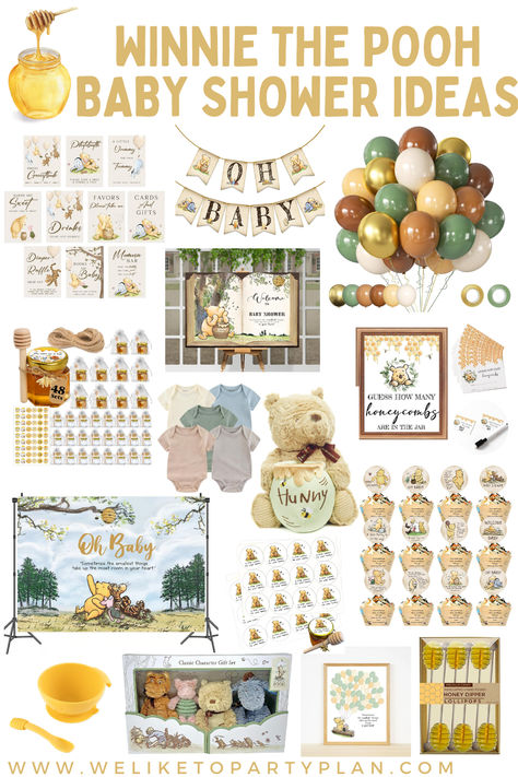 Celebrate your little hunny with these adorable Winnie the Pooh baby shower ideas! From cute decorations to sweet treats, this classic theme is perfect for welcoming your new bundle of joy.  #WinnieThePooh #BabyShower #ClassicTheme #PartySupplies #DIY #Honey #BeeHive #HundredAcreWoods #BabyShowerIdeas #WinniethePoohBaby #CuteThemes Classic Winnie The Pooh Decorations, Weenie The Pooh Baby Shower Decoration, Winnie The Pooh Shower Food Ideas, Pooh Bear Baby Shower Theme, Classic Pooh Baby Shower Centerpieces, Whinne Pooh Baby Shower Girl, Retro Winnie The Pooh Baby Shower Ideas, Winnie The Pooh Baby Shower Themes, Winter Winnie The Pooh Baby Shower Ideas