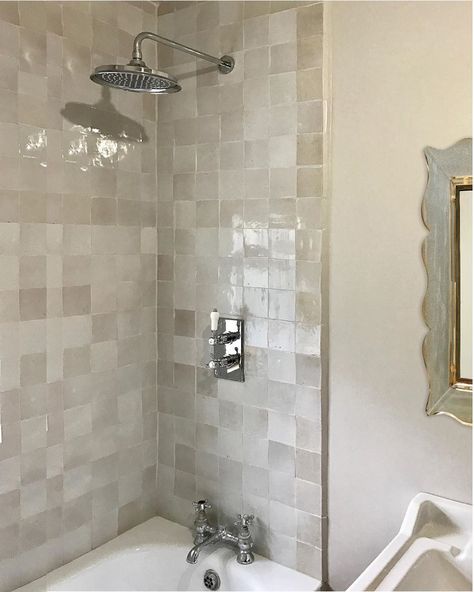 Jessica Summer on Instagram: “The beautiful and subtle variation on the surface of zellige tiles in a bathroom I designed a couple of years back. #zelliges…” Zellige Bathroom, Classic Bathrooms, Shower Over Bath, Zellige Tiles, Zellige Tile, Classic Bathroom, Tile Trim, Bathroom Inspo, Tile Shower