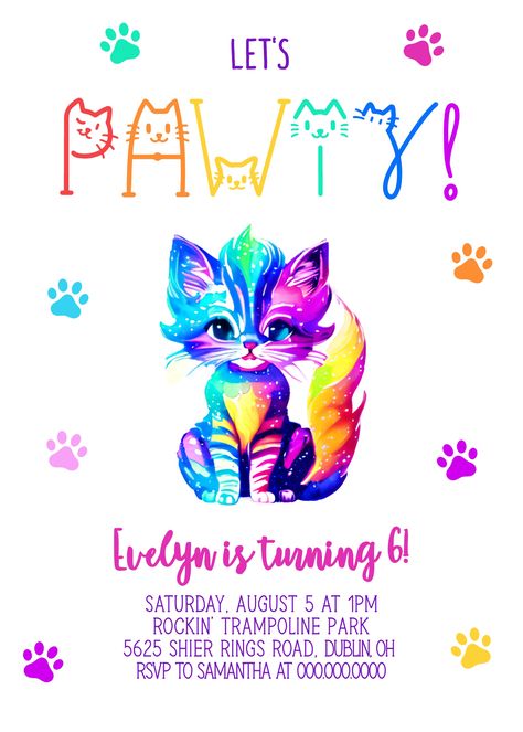 Cat Birthday Party Invitation Kitty Birthday Invitation Girl Birthday Invitation Let's Pawty Instant Download Rainbow Cat Birthday Party Girls Cat Birthday Party Ideas, Cat Birthday Party Invitations, Cat Invitations, Birthday Party Invitations Free, Birthday Invitation Card Template, Cat Birthday Party, Cat Paw Print, Rainbow Cat, Neon Party