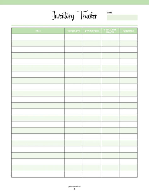 Inventory tracker for small business with columns for item name, target quantity, quantity in stock, number sold this month, and purchases. Inventory Printable Business Free, Small Business Inventory Tracker, Free Printable Inventory Sheets, Inventory Printable, Inventory Tracker, Tracker Free, Small Business Planner, Inventory Management, Business Operations