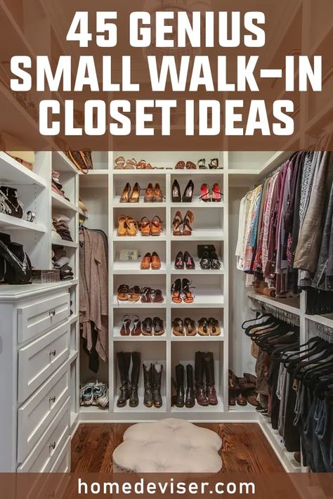 45 Genius Small Walk In Closet Ideas For The Tiniest Bedrooms - Home Deviser Smart Walk In Closet Ideas, Closet U Shape Walk In, U Shaped Bedroom Closet, Very Small Dressing Room, Walk In Closet For Small Spaces, Closet Ideas Small Walk In, Closet Furniture Ideas, Small Walk In Closets Ideas Layout, Walk In Closet Ideas Narrow