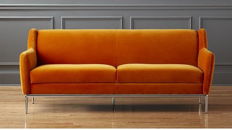 Alfred Orange Velvet Sofa Orange Velvet Sofa, Accent Couch, Russian Interiors, Modern Outdoor Sofas, Stiffkey Blue, Fuzzy Rug, Modern Family Rooms, Orange Sofa, Colorful Interior Design