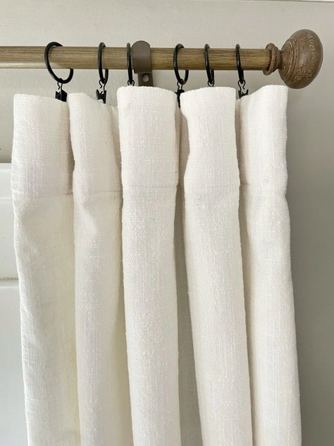 How To Hang Curtains The Right Way - Painting by the Penny Clipped Curtains, How To Use Curtain Clips, Curtains With Sliding Glass Door, How To Hang Curtain Rods Properly, Inexpensive Curtain Rods, Where Should You Hang Curtain Rods, How Wide To Hang Curtain Rods, How To Hang Curtains With Rings, Curtain Hooks With Clips