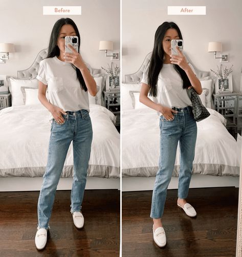 Raw Hem Jeans Diy, Raw Hem Jeans Outfit, Frayed Jeans Outfit, Straight Cut Jeans Outfit, Ankle Jeans Outfit, Spring Style 2022, Straight Jeans Outfit, Straight Leg Jeans Outfits, Cuff Pants