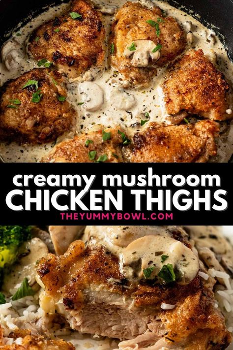 Creamy Mushroom Chicken Thighs are coated in a rich garlic mushroom cream sauce with the right amount of seasoning and herbs. Served with freshly chopped parsley and parmesan makes it the best weeknight chicken dinner meal. Chicken Thighs Mushrooms Crockpot, Creamy Mushroom Chicken Thighs, Creamy Chicken Thighs Recipes, Garlic Mushroom Chicken Thighs, Creamy Chicken Thighs, Creamy Garlic Mushroom Chicken, Chicken Thighs With Mushrooms, Mushroom Chicken Thighs, Pan Fried Chicken Thighs