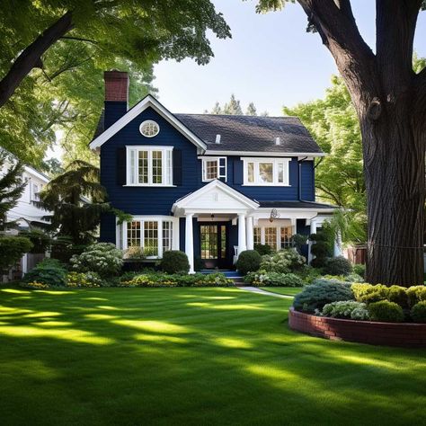 Exterior Paint Colors For Craftsman Style House, Deep Blue House Exterior, Blue Craftsman House Exterior, Royal Blue House Exterior, Blue Home Exterior Colors, Navy Blue House Exterior, Craftsman Exterior Paint Colors, Exterior House Paint Ideas, Navy House Exterior