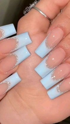 nail art Light Blue Nails French Tip, Sky Blue French Tip 1.5, First Day Of School Nails Acrylic, Sky Blue French Tip Nails, Birthday Nails Blue, Light Blue French Tip Nails, Light Blue French Tip, Baby Blue French Tip, Graduation Dance