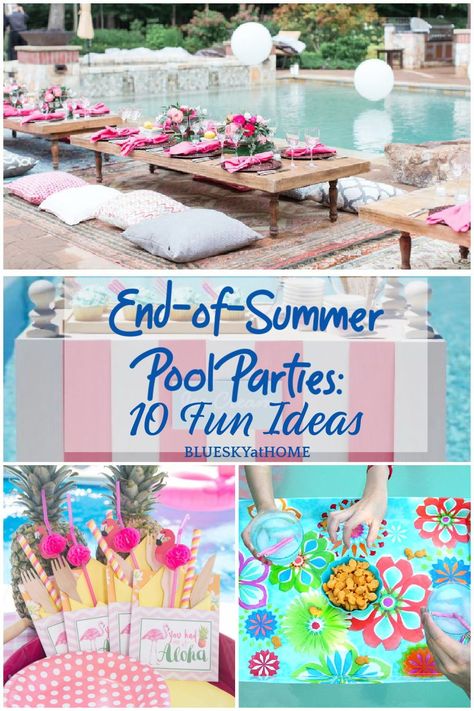 10 fun ideas for end-of-summer pool parties. Use these 10 tips and 10 theme suggestions for hosting different pool party themes for all ages. Shopping suggestions will help prepare you for any summer pool party theme you choose. End Of Summer Pool Party Ideas, Pool Party Themes For Teens, Pool Party Adults Ideas, Girl Pool Party Ideas, Pool Party Decorations Adult, End Of School Pool Party Ideas, Boujee Picnic, Birthday Pool Party Decorations, Teen Girl Pool Party Ideas