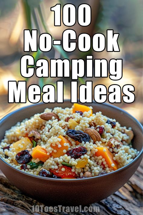 Sometimes you don't want to build a fire, or pack along a camp stove, but you still need some ideas as to what to make to eat when you are camping. These easy no-cook camping meal ideas are the perfect thing for when you are camping and don't want to cook. No Cook Camp Food, Easy Camping Meals No Fire, Things To Cook Over A Fire Pit, Camping Meal No Refrigeration, No Mess Camping Meals, Easy No Cook Camping Meals, Eco Camping Ideas, Meal Ideas For Camping Easy Recipes, No Heat Camping Meals