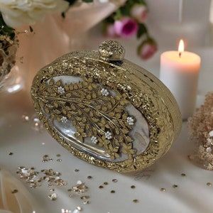 Mother of Pearl Gold Bridal Clutch Wristlet Evening Clutch Gift for Her Wedding Day Clutch - Etsy Pearl Clutch, Bridal Clutch, Suede Fabric, Pakistani Bridal, Metal Work, Timeless Accessories, Crystal Embellishment, Evening Clutch, Clutch Handbag