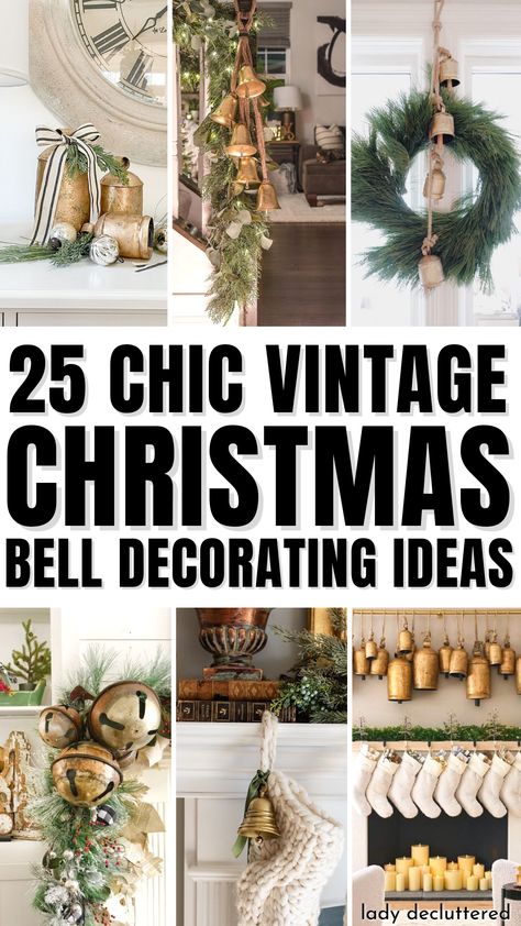 How To Decorate Bells For Christmas, Christmas Greenery With Bells, Christmas Bell Wreaths, Christmas Cow Bells Decor, Wall Above Mantle Ideas, Christmas Decor Ideas Using Bells, Christmas Bell Decorations, Using Bells In Christmas Decor, Christmas Bells On Fireplace