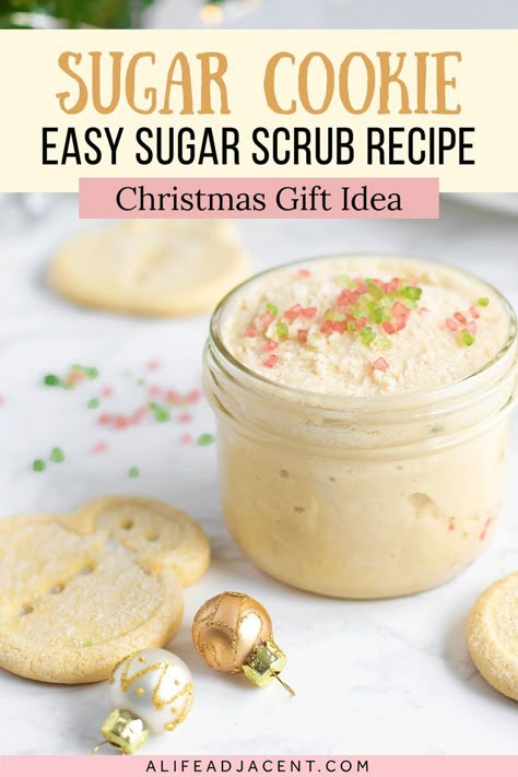 Sugar cookie easy sugar scrub recipe – Christmas gift idea. Sugar Cookie Essential Oil Blend, Sugar Scrub Recipe Easy, Sugar Cookie Sugar Scrub, Christmas Cookie Sugar, Cookie Body Scrub, Christmas Sugar Scrubs, Body Scrub Homemade Recipes, Homemade Scrubs, Easy Sugar Scrub