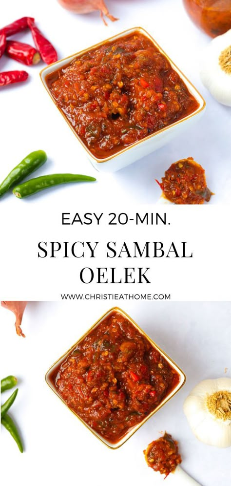 Sambal Oelek. A VERY spicy chili paste sauce made with bird’s eye chilies, onion, shallots, garlic, tomatoes and oil. A flavourful sauce used to cook your favourite dishes with or used as a condiment. #sauce #dip #condiment #spicysauce #sambaloelek #malaysianfood #indonesiafood #vietnamesefood #asianfood #asianrecipe #spicy Sambal Sauce Recipe, Chili Paste Recipe, Spicy Chili Sauce, Meat Marinades, Sambal Recipe, Sambal Sauce, Chili Garlic Paste, Chili Sauce Recipe, Sambal Oelek