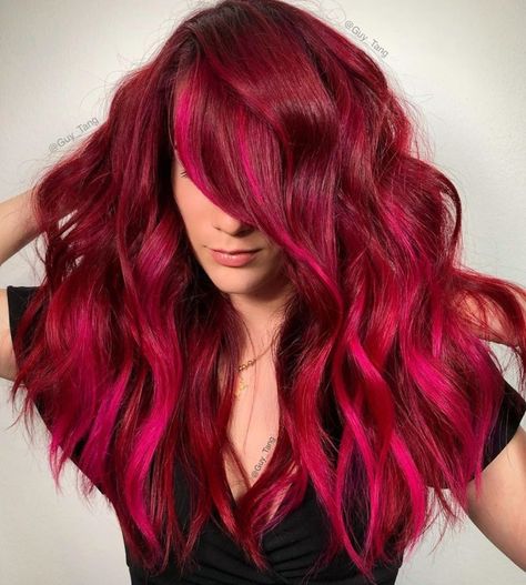 Red Hair with Pink Highlights Fuchsia Hair Color, Red Hair With Pink Highlights, Hair Color Ideas With Bangs, Fuchsia Hair, Pink Hair Streaks, Pink And Orange Hair, Dark Pink Hair, Bright Pink Hair, Pink Hair Color Ideas