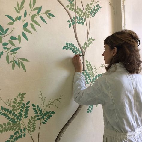 French Hallway, Tree Wall Stencil, Hallway Painting, Hand Painted Mural, Chinoiserie Mural, Chinese Wallpaper, Mural Artist, Tree Wall Murals, Tree Mural