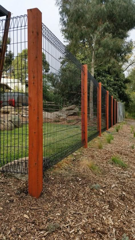 Hi Tensile Fence, Garden Gate Design Wood Fences, Black Chain Link Fence Ideas With Wood, Cheap Tall Fence Ideas, Budget Friendly Fence Ideas, Fences That Don't Obstruct View, Diy Cheap Privacy Fence, Easy Fence Ideas Cheap, Post Fence Ideas