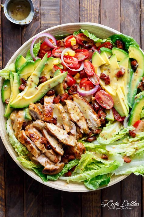 Chicken Salad With Bacon, Honey Mustard Chicken Salad, Avocado Cafe, Mustard Chicken Salad, Salad With Honey Mustard Dressing, Salad Cobb, Chicken Avocado Salad, Fresh Summer Salad, Resep Salad