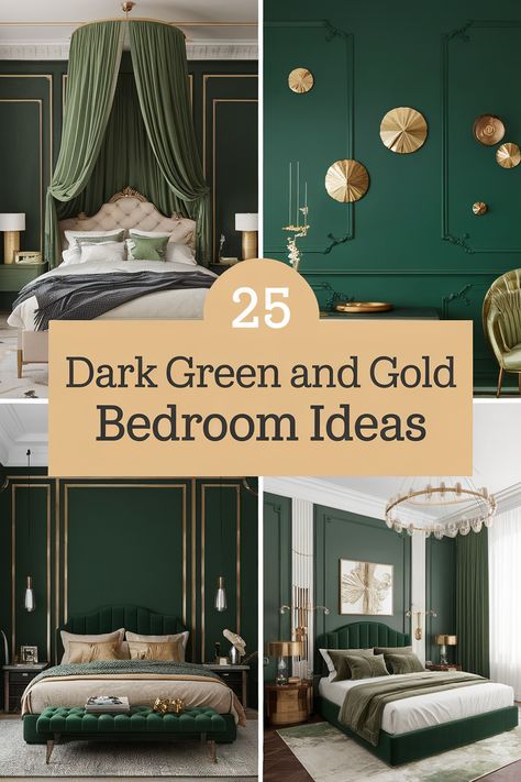 Achieve a dark green and gold bedroom aesthetic with these 25 inspiring ideas. Discover the perfect balance of natural depth and glamorous golden touches. Explore rich forest green walls, gold accent furniture, and luxurious metallic details. Find inspiration for emerald velvet headboards, antique gold mirrors, and ornate light fixtures.  Create a cozy and opulent bedroom retreat you'll love. Dark Green And Gold Bedroom Ideas, Gold Wall Bedroom, Green And Gold Bed, Olive Green And Gold Bedroom, Green And Gold Bedroom Aesthetic, Green Black Gold Bedroom, Lime Green Bedroom Ideas, Emerald Green Aesthetic Bedroom, Golden Bedroom Ideas