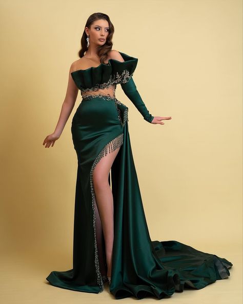 Oknass Dark Green One Long Sleeve Beaded Split Evening Dress Gown With Tassels Mode Niqab, Long Sleeve Mermaid Prom Dress, Stylish Gown, Mermaid Evening Gown, فستان سهرة, Mermaid Prom Dresses, Prom Party Dresses, Custom Dresses, Dream Dress