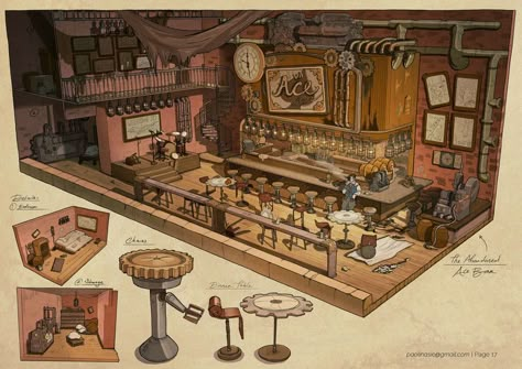 ArtStation - Steampunk Snow White - Bar Design Steampunk Bar, Steampunk Rooms, Feng Zhu Design, Steampunk Interior, Interior Concept Art, Feng Zhu, Ideas Habitaciones, Bg Design, Isometric Art