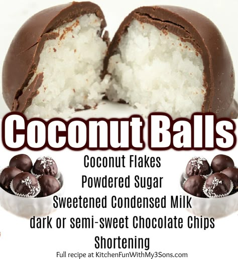 Coconut Bom Boms, Homemade Candies For Christmas, Coconut Balls Dipped In Chocolate, Chocolate Covered Coconut Balls, Coconut Balls No Bake, Coconut Bon Bons, Chocolate Covered Coconut, Chocolate Coconut Balls, Coconut Truffles