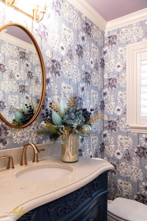 Hydrangea Powder Room, Striped Powder Room, Grand Millennial Bathroom, Hydrangea Bathroom, Blue Wallpaper Bathroom, Room With Gold Accents, Coastal Powder Room, Blue Powder Room, Dallas Christmas