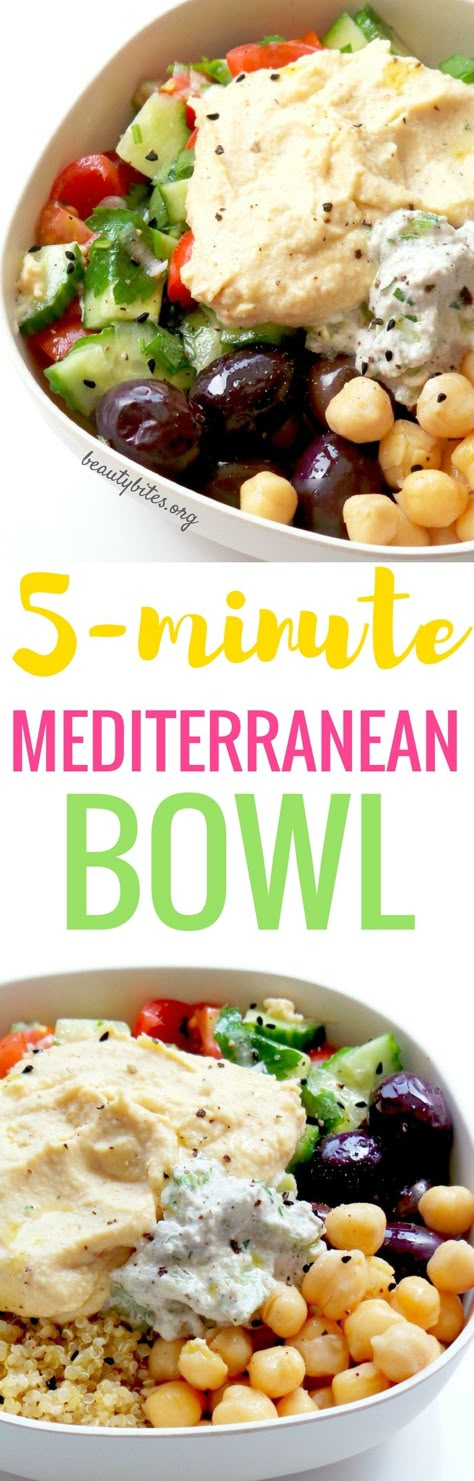 5-Minute Mediterranean Bowl - My Favorite Lunch Recipe! Try this healthy lunch recipe, it's also great to meal prep. You prepare everything and keep all parts in separate containers in the fridge (up to 3 days, except salad - but it takes only 2 minutes). Then arranging this beautiful & easy healthy bowl with quinoa & hummus takes around 5-minutes! It's vegan & gluten-free!Try it! www.beautybites.org/5-minute-mediterranean-bowl | healthy meal prep recipe | healthy salad recipe Mediterranean Bowl, Mediterranean Recipe, Healthy Bowl, Healthy Bowls Recipes, Clean Eating Recipes Lunch, Clean Eating Lunch, Easy Mediterranean Diet Recipes, Healthy Lunch Meal Prep, Lunch Bowl