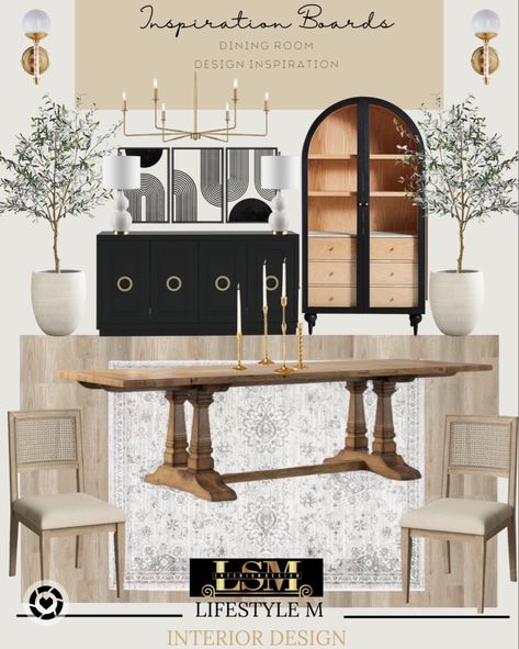 Home Design Board with furniture and decor for a dining room. Dining Room Buffet With Sconces, Dining Room Decor Gold Accents, Black White And Gold Dining Room, Brass Dining Room Chandelier, Black Buffet Table, White Grey Rug, Wood Floor Tiles, Black China Cabinet, Dining Room Idea