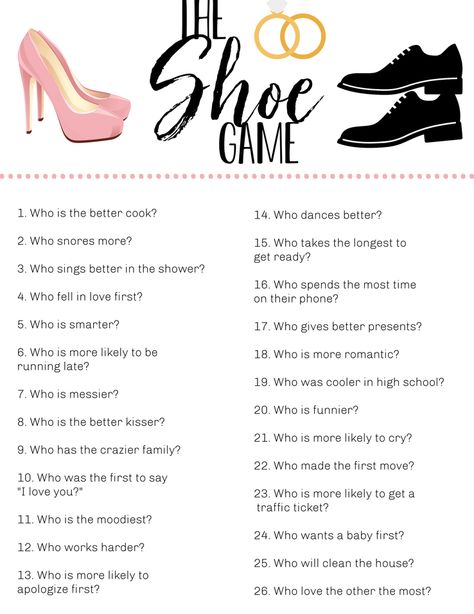 Wedding Shoe Game bridal shower inspiration bridalshowerinspiration This wedding shoe game is a fun way for the guests to learn more about the bride and the groom and will have everyone laughingJust print out these questions and have the bride and groom hold up the shoe of the person they think fits best with the question being askedIt's easy for youfun for them Anniversary Shoe Game, Wedding Shoe Game Questions, Shoe Game Questions, The Wedding Shoe Game, Wedding Shoe Game, Bridal Shower Questions, Wedding Rings Teardrop, Game Questions, Ceremony Songs