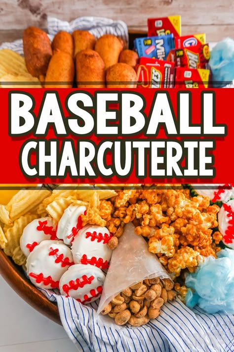 This baseball themed charcuterie board is a wild and fun way to bring out all the best snacks and treats for your baseball themed party! Definitely bringing all the best to the plate for a home run! Baseball Themed Food Ideas, Baseball Party Food Appetizers, Baseball Charcuterie Board Ideas, Baseball Party Appetizers, Baseball Game Food Ideas, Softball Charcuterie Board, Baseball Dinner Ideas, Sports Charcuterie Board, Baseball Potluck Ideas